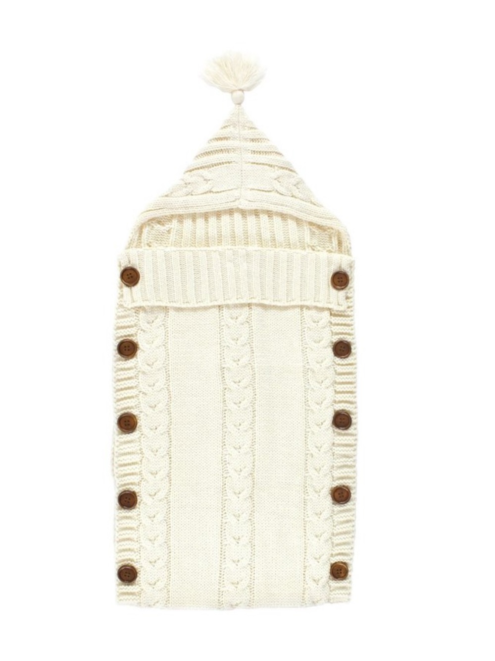 Baby Knitted Lounge Stroller Wrap Sack Cream Button Side Hooded Fringe Cableknit